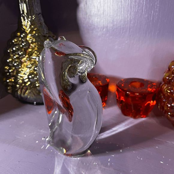 Vintage Clear Glass Handmade Big Bellied Owl Paper Weight - Picture 3 of 6